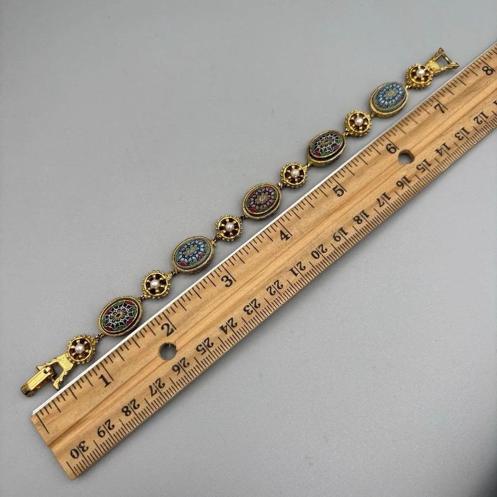 Vintage Renaissance LInk Bracelet Molded Glass Faux Pearl Moroccan